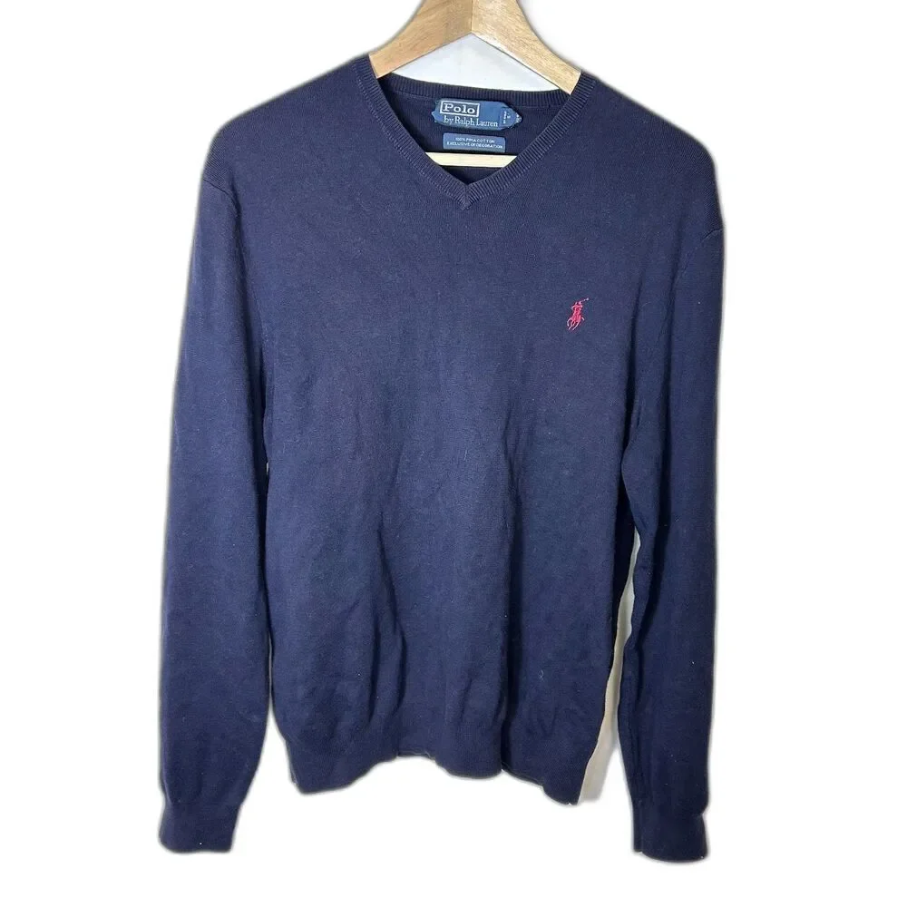 Polo Ralph Lauren Men's Navy Blue Pima Cotton V-Neck LS Pullover Sweater Size L